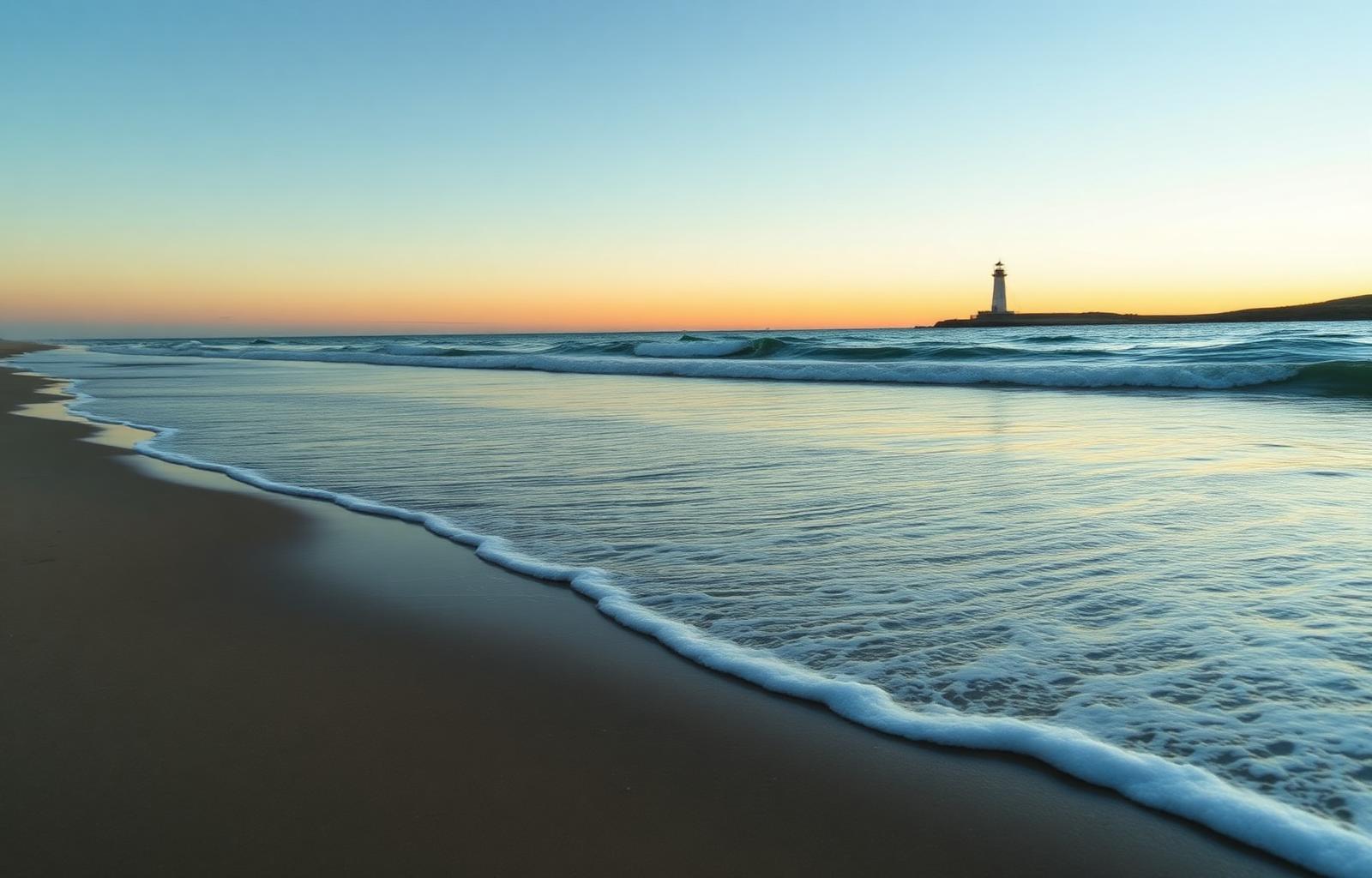 Calm coastal sunrise with a distant lighthouse