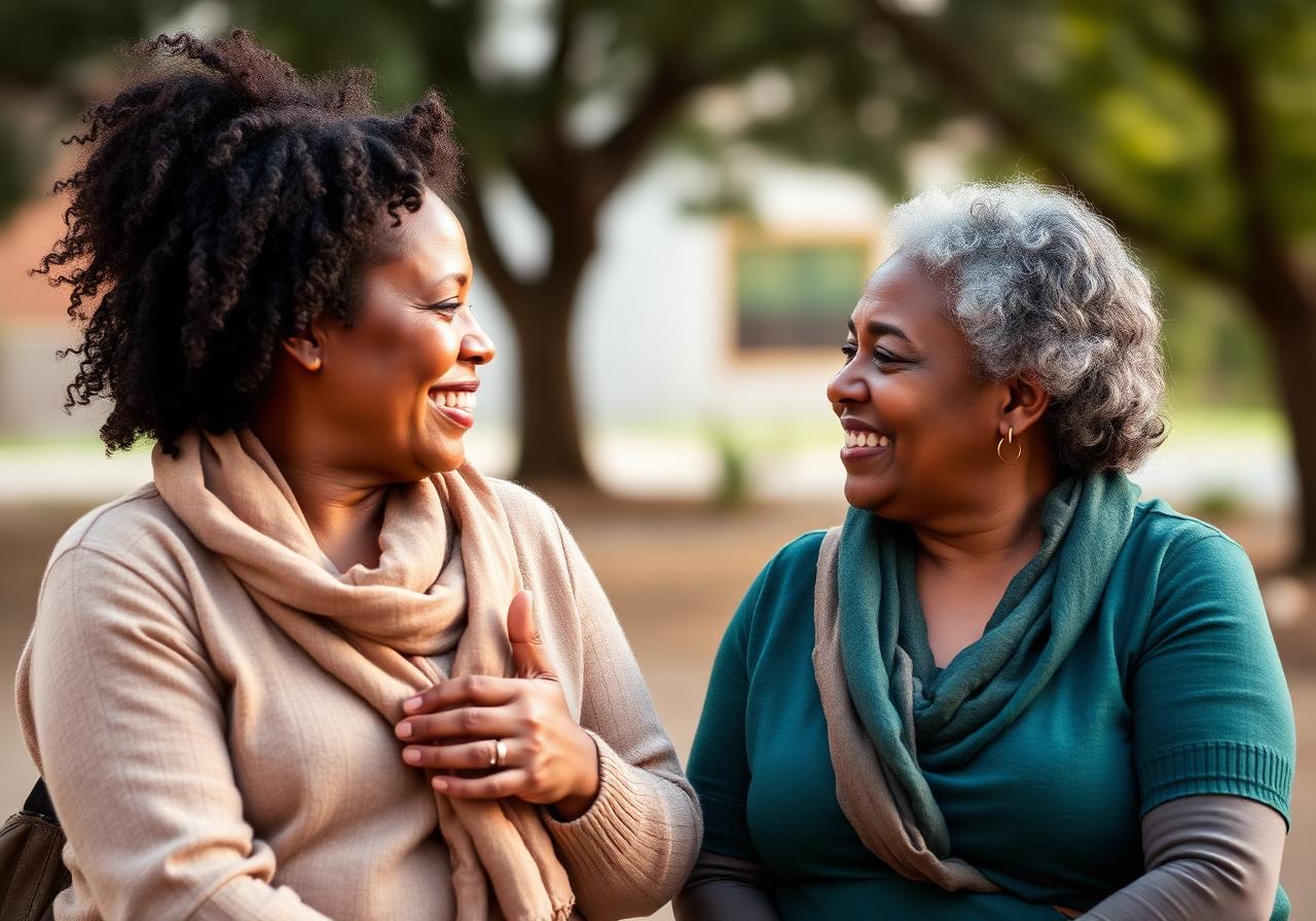 Two adults in warm conversation, one offering peer support